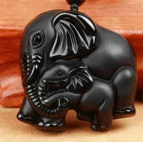 Vista 5 de Colgante de amuleto de elefante de obsidiana natural con cadena de cuentas ajustable para mujeres o hombres