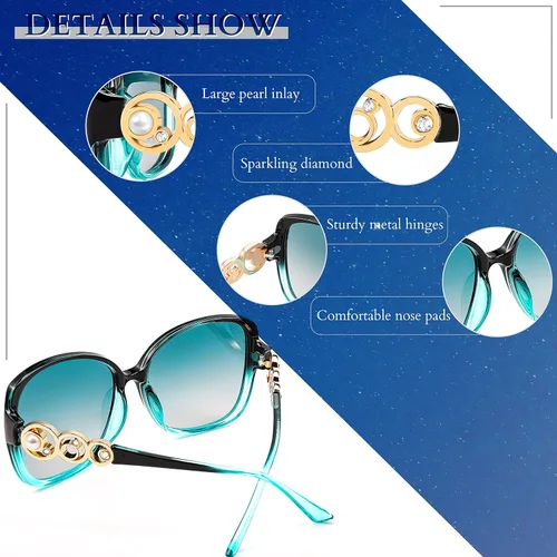 Vista 6 de FEISEDY Gafas de sol de moda para mujer, marco cuadrado de gran tamaño con perlas brillantes, protección UV polarizada B2821