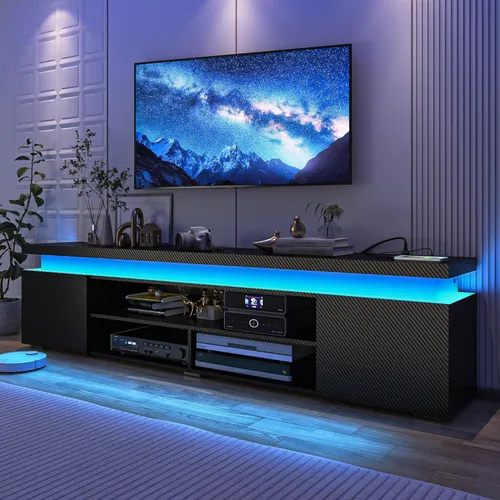 Vista 13 de Hlivelood Soporte de TV LED para TV de 75 pulgadas, moderno soporte de TV con toma de corriente, consola de TV de alto brillo con almacenamiento