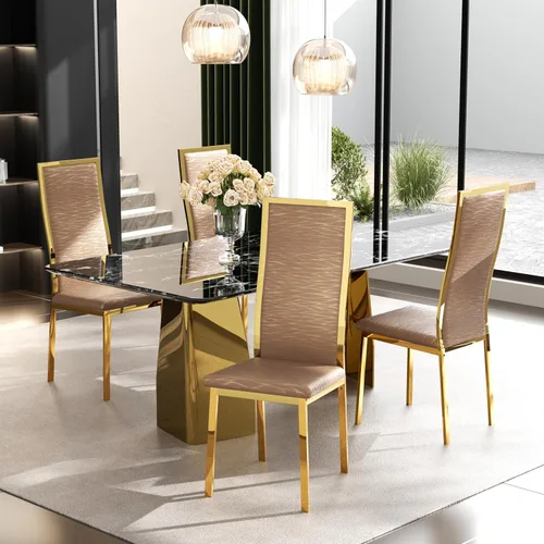 Vista 17 de Juego de 2 sillas de comedor modernas, piel sintética negra con patas de metal dorado cromado, diseño de respaldo alto curvo y acolchado tipo nube