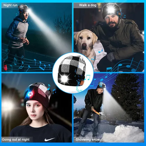 Vista 7 de Gorro Bluetooth con luz, gorro unisex recargable con auriculares Bluetooth inalámbricos, gorra de invierno para campamento, Navidad, cumpleaños