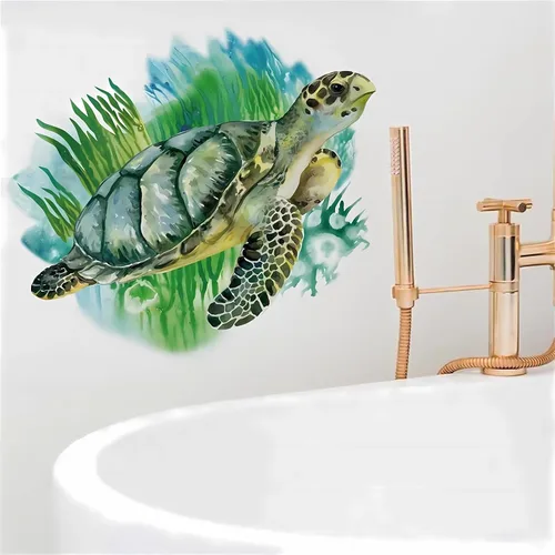 Vista 3 de Pegatinas de pared de tortuga marina verde calcomanías de pared de algas marinas Vinilo extraíble para sala de estar, dormitorio, baño, sofá, TV