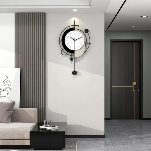 Vista 2 de Reloj de pared grande para decoración de sala de estar, reloj de pared decorativo moderno en negro con péndulo, de madera, funciona con pilas, sin