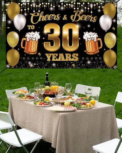 Vista 4 de Cartel de fondo de "Cheers & Beers to 30 Years", decoraciones de feliz cumpleaños 30 para hombres y mujeres, decoración de 30 aniversario