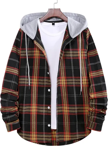 Vista 3 de Camisas de algodón a cuadros para hombre, chaqueta de franela con forro polar para hombre, camisa a cuadros de moda, hip hop, cárdigan con capucha