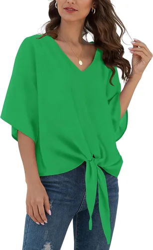 Vista 22 de VIISHOW Womens Tie Front Chiffon Blouses V Neck Batwing Short Sleeve Summer Tops Shirts Albaricoque