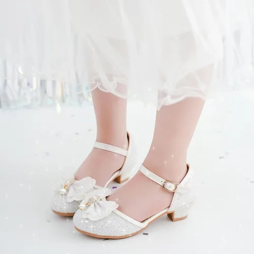 Vista 2 de Sandalias para niñas, tacones cerrados, para boda, fiesta, princesa, lazo con lentejuelas para niños pequeños y grandes