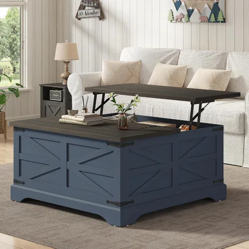 Vista 9 de Furnideco - Mesa de centro de granja con superficie elevable, mesa central cuadrada de madera con gran compartimento de almacenamiento oculto