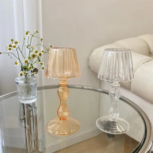 Vista 3 de Gurfuy Candelabro de cristal con forma de lámpara de escritorio – Candelabro de cristal de huracán decorativo para mesa, boda, comedor, centros