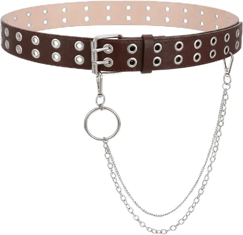 Vista 11 de WHIPPY Double Grommet Belt for Women Men PU Leather Double Prong Buckle Vintage Punk Rock Jeans Belts with Chain A-Negro