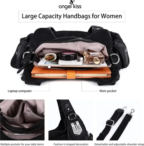 Vista 5 de Angelkiss - Bolsos y bolsos de mano para mujer, de cuero vegano lavado, bolso cruzado estilo hobo