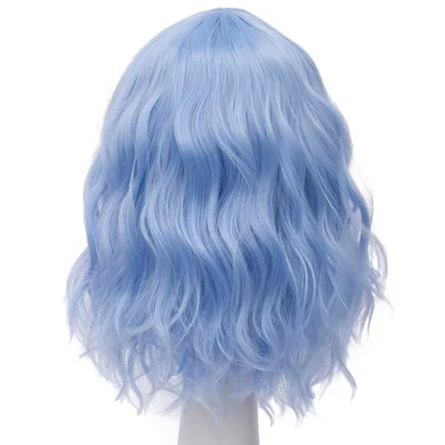 Vista 5 de Pelucas de disfraz de cosplay azul claro de 16 pulgadas para mujer, de 16 pulgadas, con flequillo lateral