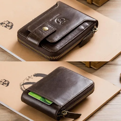 Vista 102 de LUKZIJAES Billetera de cuero genuino para hombre, con bloqueo RFID, delgada, plegable, bolsillo frontal, #3-Café, Vintage