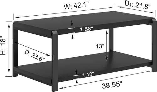 Vista 2 de EXCEFUR Mesa de café negra, mesa central moderna de madera rústica para sala de estar, mesa de té industrial rectangular de cóctel con estante