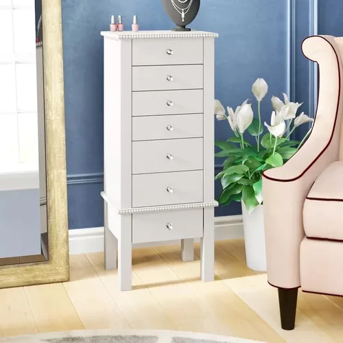 Vista 8 de Hives and Honey Kimberly Jewelry Armoire - Organizador de almacenamiento blanco moderno con cajones divididos y ganchos para collares, diseño