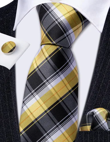 Vista 55 de Barry.Wang Juego de corbatas a cuadros para hombre con pañuelo gemelos de rayas clásicas