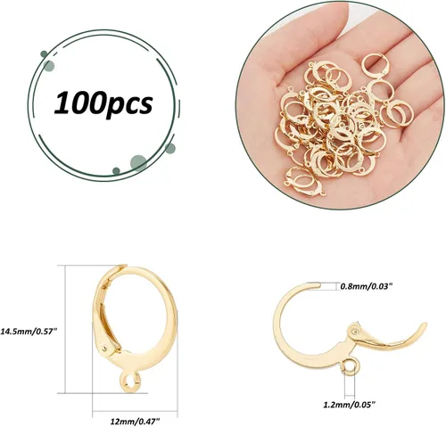 Vista 2 de PH PandaHall 100 ganchos chapados en oro de 24 quilates, acero inoxidable 304, palanca de alambre para la oreja, aretes dorados, con lazo abierto