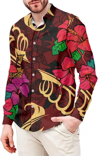 Vista 22 de Camisa de guayabera polinesia para hombre, patrón de Samoa Americana, vintage, cuello en V, manga larga, hawaiana, camisas de vestir para hombres