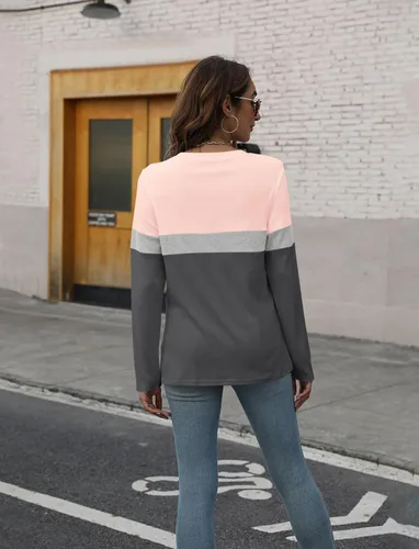 Vista 2 de ORANDESIGNE Blusa de manga larga con bloques de color para mujer, estilo casual, cuello redondo, ajuste holgado