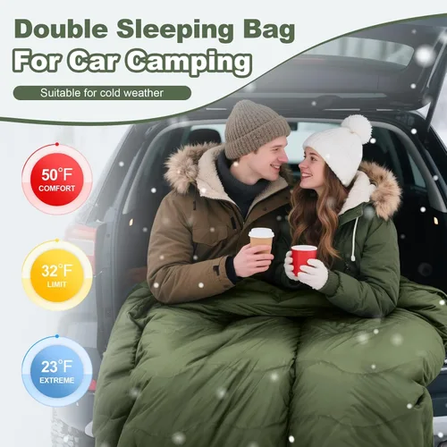 Vista 3 de Saco de dormir doble de franela de 0 grados para adultos, parejas o familia, tamaño Queen de invierno, impermeable y cálido, saco de dormir para 2