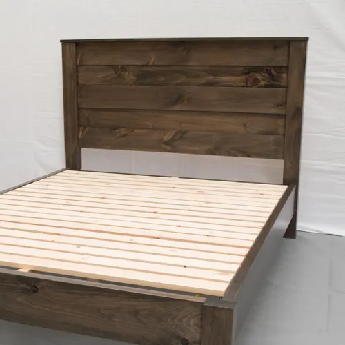 Vista 2 de Marco de cama de plataforma de madera con cabecero, tamaño individual, estilo rústico y moderno, acabado marrón, pino macizo, no necesita somier
