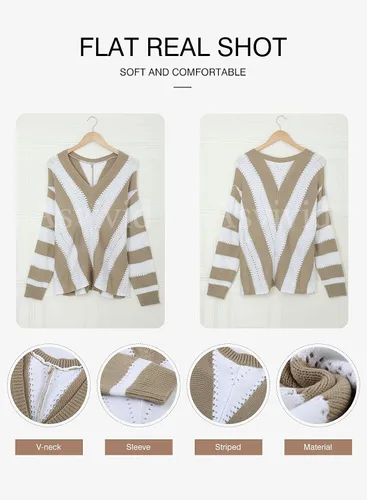 Vista 4 de Asvivid - Suéter de punto y manga larga para mujer, diseño con cuello en V, a rayas y bloques de color, sin botones