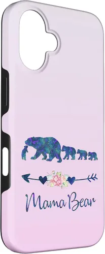Vista 3 de Funda para iPhone 16, diseño floral de mamá oso de cuatro cachorros, color verde azulado y morado