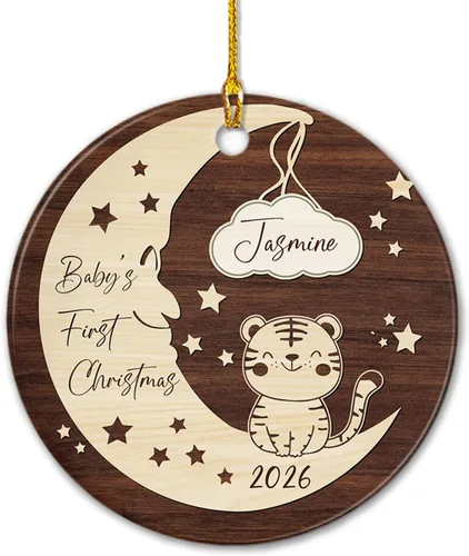 Vista 11 de Adornos de cerámica personalizados con texto en inglés «My First Christmas», bonito adorno de Navidad de gato para bebés, niños, primer recuerdo
