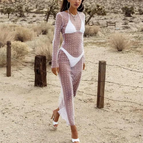 Vista 3 de Mintsnow Vestido largo sin mangas de malla transparente para mujer, body para fiesta y club