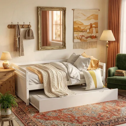 Vista 3 de Merax Sofá cama tamaño individual con nido, marco de sofá cama de madera maciza, color blanco