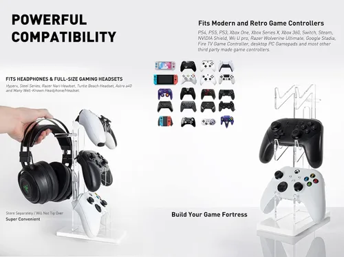Vista 21 de OAPRIRE Headset and Controller Stand with Lights, 2 Tier Acrylic Game Controller Holder, Controller and Headset Stand for Desktop,Universal Design