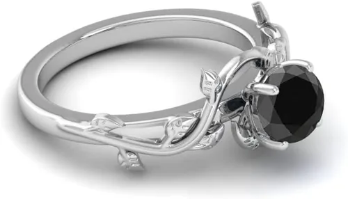 Vista 3 de Foreverblings Anillo de plata de ley 925, ónix negro, hojas de vid, anillo redondo de ónix negro, anillo de promesa, anillo de compromiso, regalo
