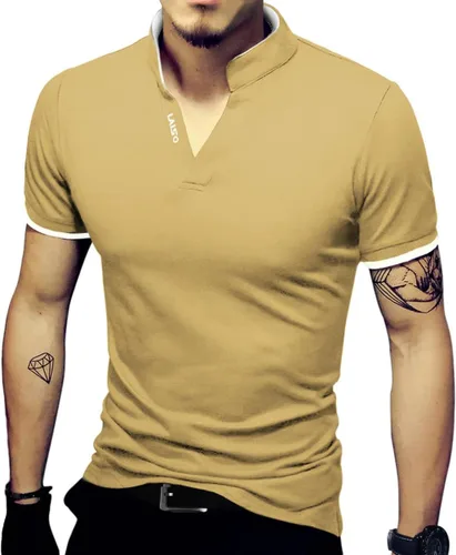 Vista 20 de LOGEEYAR Camisas polo Henley de moda para hombre, camisetas casuales de manga corta/larga, camisas de polo de algodón ajustadas para hombre Negro