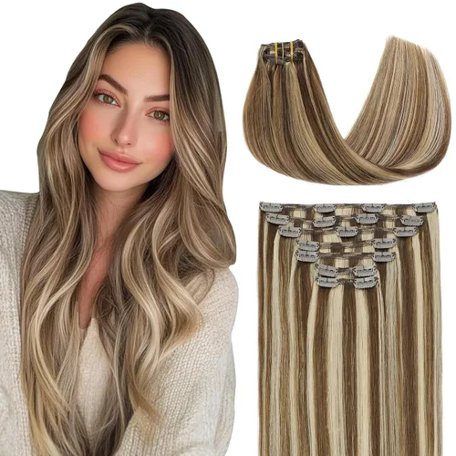 Vista 40 de VINBAO Extensiones de cabello humano con clip, balayage, color marrón ceniza a rubio caramelo, 14 pulgadas, 6 unidades, 3.53 onzas, 6