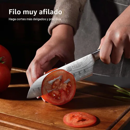 Vista 5 de PAUDIN - Cuchillo Santoku, cuchillo de chef de 5 pulgadas, cuchillo de cocina ultra afilado, cuchillo de chef japonés con funda, acero inoxidable