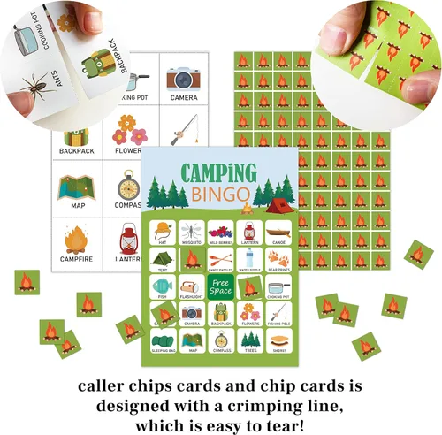 Vista 3 de Tarjetas de bingo de campamento, juego de bingo de aventura de campamento, juego de fiesta de cumpleaños de campamento, al aire libre