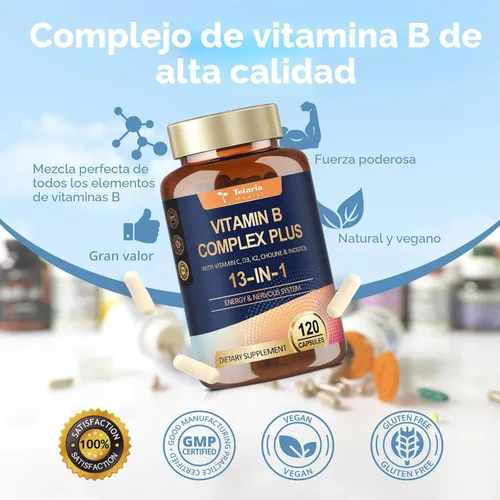 Vista 5 de Complejo de Vitamina B Plus 13 en 1 con Vitamina B1, B2, B3 (Niacina), B4, B5, B6, B7 (Biotina), B8 (Inositol), B9 (Ácido Fólico), B12, C, D3, K2