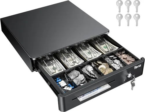 Vista 9 de Tera Cajón de caja registradora 8 "Mini: 4 billetes 6 monedas pequeño cajón de efectivo abierto automático con ranura para medios 24V Cable RJ12