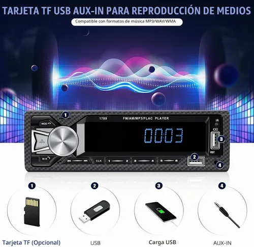 Vista 4 de Receptores de audio para coche con Bluetooth manos libres con pantalla LCD digital, radio FM para coche, reproductor de MP3, carga rápida