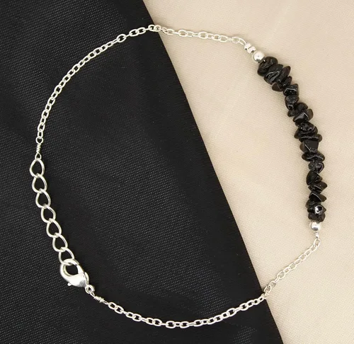 Vista 4 de Gempires Natural Black Tourmaline Chips Bar Bracelet, 3-4 mm Chips With 7+1 inch Adjustable Silver Plated Chain (Black Tourmaline)