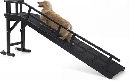 Vista 14 de Rampa para perros para cama o sofá, rampa de madera para mascotas con pendiente suave de 20°, rieles laterales extraíbles, superficie