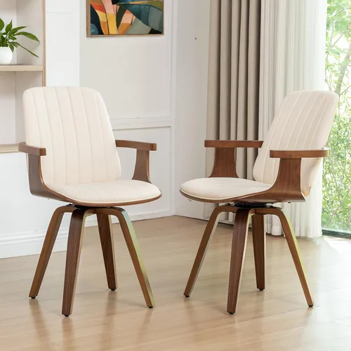 Vista 3 de WUPOTO Juego de 1 silla de comedor giratoria, silla de comedor moderna de mediados de siglo con artesanía de nogal, piel sintética tapizada, brazos