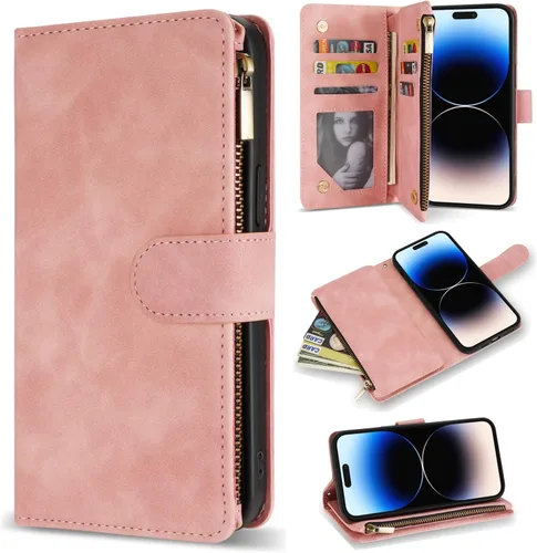 Vista 8 de ZZXX Funda tipo cartera para iPhone 14 Plus con [Bloqueo RFID] Ranura para tarjetas Cuero PU suave premium con cremallera tipo folio plegable
