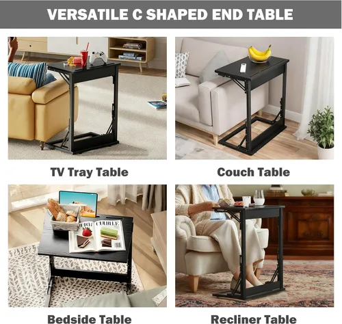 Vista 8 de Mesa plegable para TV, mesa de cena de TV, bandejas de TV de altura ajustable para comer en el sofá, mesa auxiliar en forma de C con ranuras