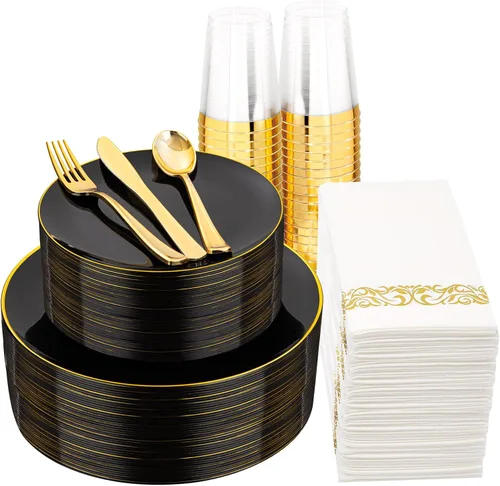 Vista 14 de 150 piezas de platos de plástico negros, platos negros y dorados, cubiertos de plástico dorados, juego de vajilla negro y dorado, vajilla de calidad