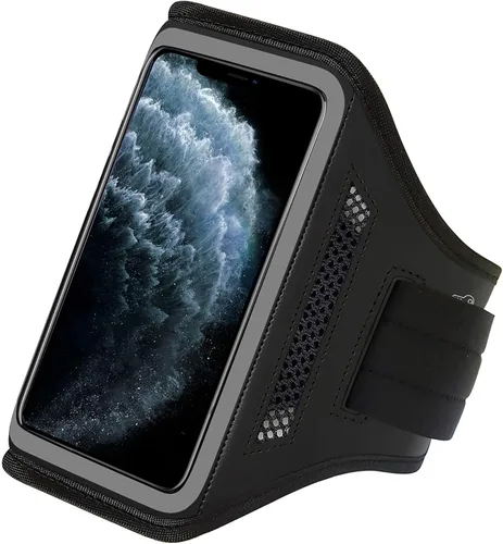 Vista 2 de Funda con brazalete para teléfono celular para iPhone 15, 14, Pro con banda ajustable y soporte para llaves para correr, hacer ejercicio y recreación