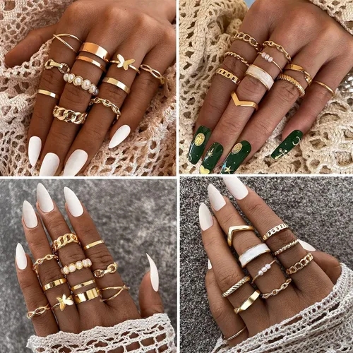 Vista 2 de Juego de 30 anillos de nudillos dorados vintage bohemios de serpientes mariposa apilables para mujeres y niñas anillos midi plateados