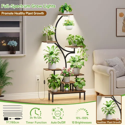 Vista 4 de Soporte para plantas de interior con luces de crecimiento, estante para plantas de interior de 7 niveles con base elevada y gancho para colgar