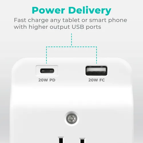 Vista 4 de KMC Protector de sobretensiones USB-C PD de 3 tomacorrientes, cargador de entrega de energía USB-C y puerto de carga rápida USB-A, protección contra