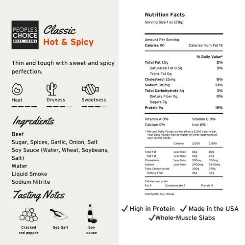 Vista 2 de People's Choice Beef Jerky – Losa Grande Caliente y Picante – Músculo Entero, Rebanadas Finas, Textura de Carne Seca en Losa – 9g de Proteína por